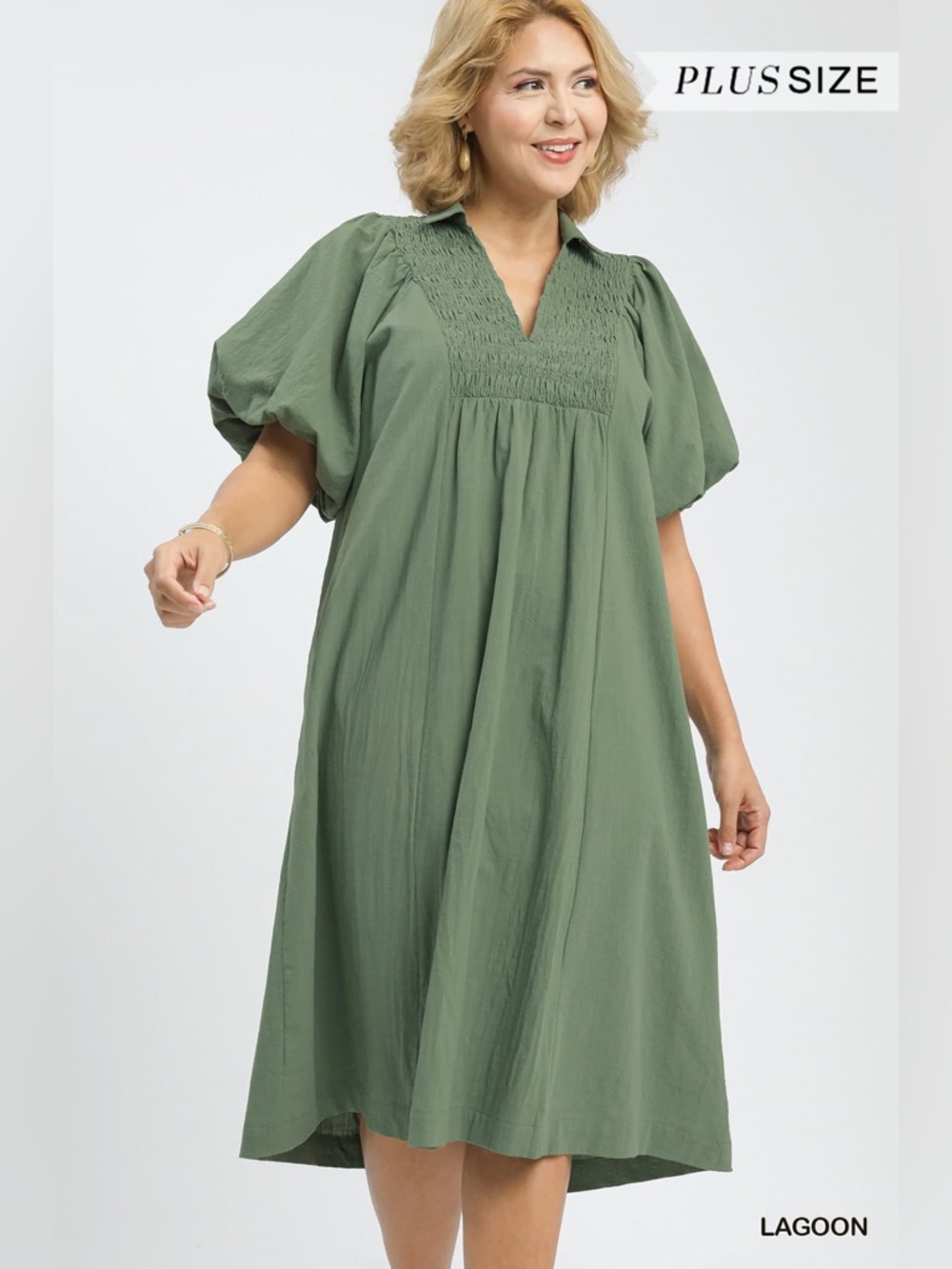 Lagoon Plus Size Smocked Front Yoke Midi Dress